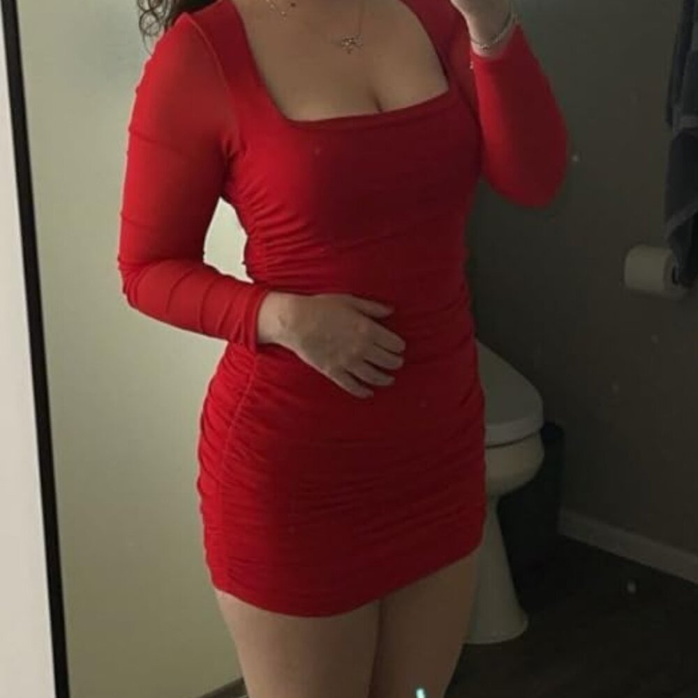 Strechy Red Women's Ruched Bodycon Mini Dress Mesh Long Sleeve